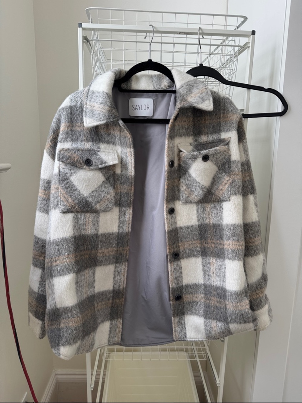 SAYLOR Plaid Button-Up Shacket in Cream, Gray & Taupe